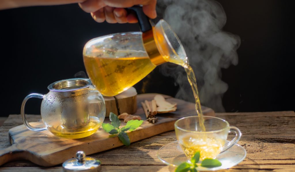 A cup of tea on a wooden table