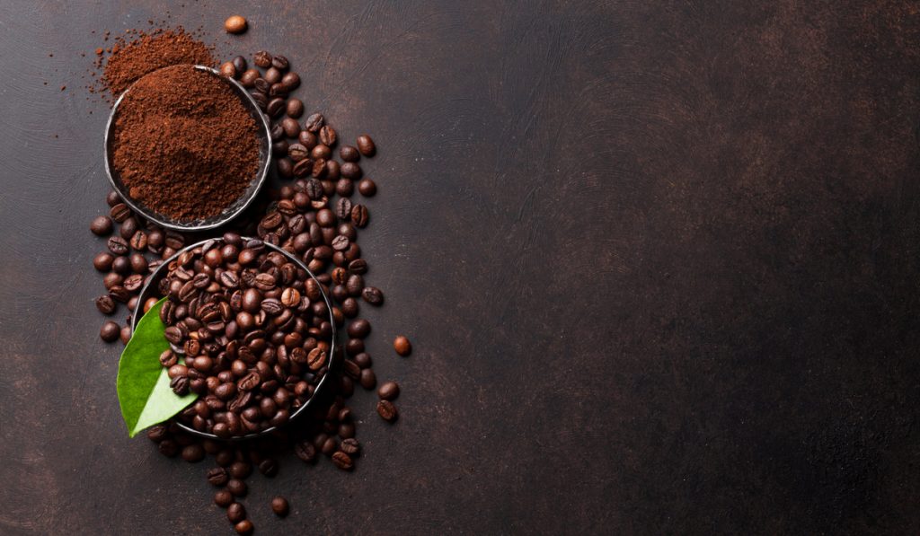 coffee bean ground powder with leaf 