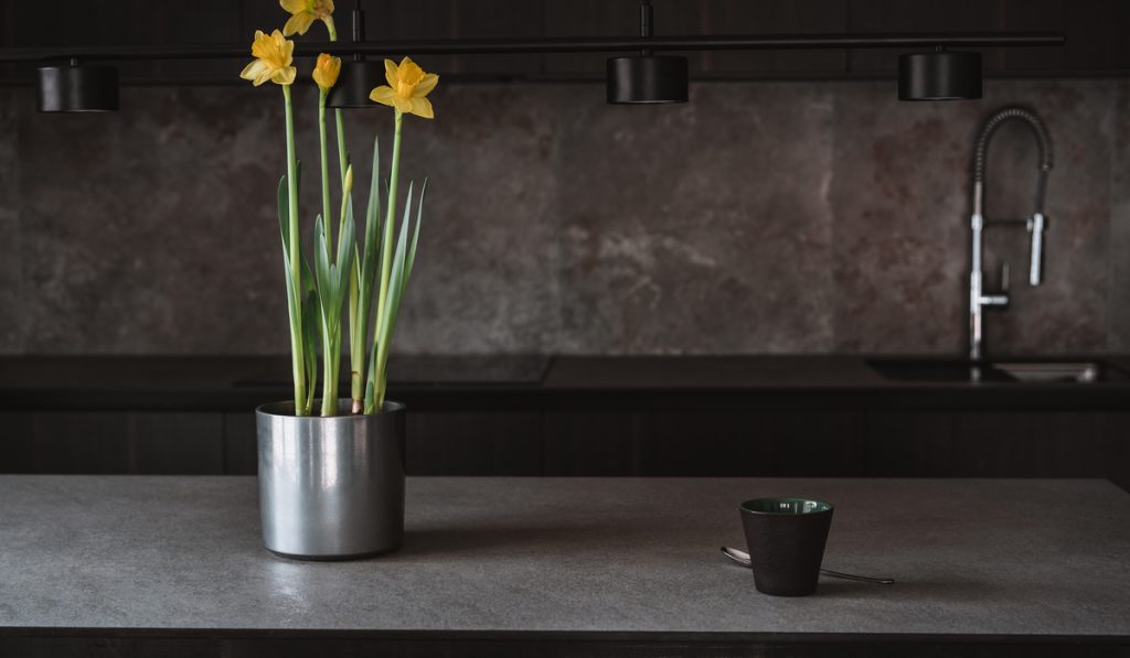 dark gray kitchen area yellow flower on the table 