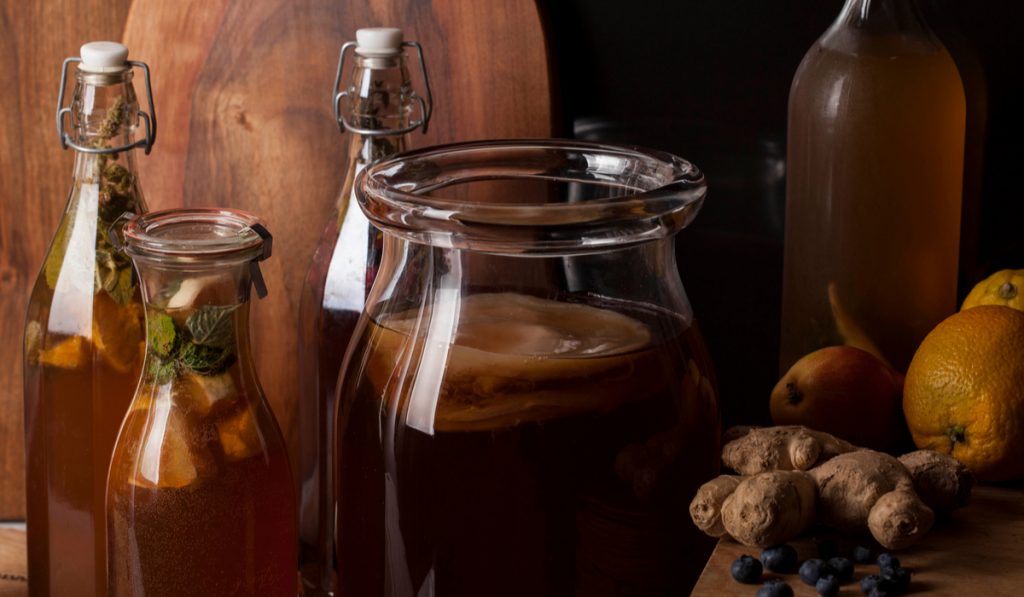 kombucha tea mushroom fungus orange ginger glass jar